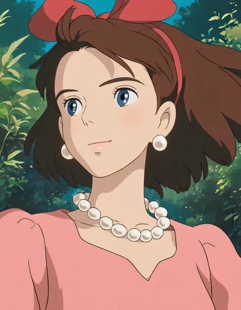 Studio Ghibli, hand-drawn animation style,
masterpiece, high score,
girl, portrait, illustration, brown hair, blue eyes, pink dress, red ribbon, pearl necklace, flower earrings