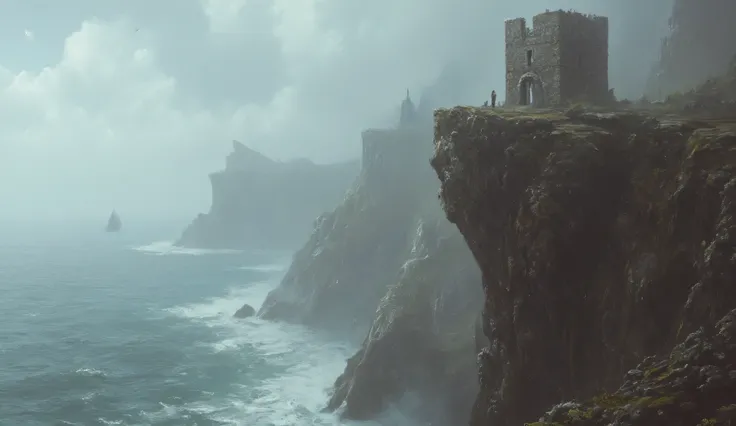 sole old stone watchtower on edge of a cliff