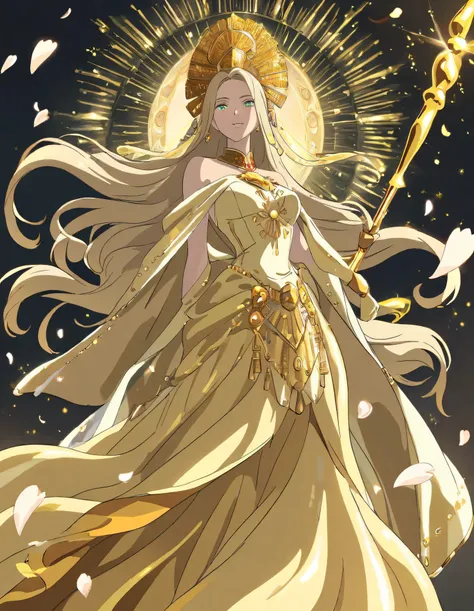 Studio Ghibli, hand-drawn animation style, masterpiece, high score, Ethereal celestial priestess, blonde hair with gentle curls, striking emerald eyes, wearing an ornate white and gold ceremonial gown with flowing fabric and intricate golden filigree. Gold...