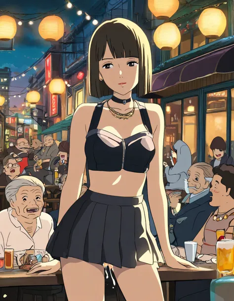 Studio Ghibli inspired, hand-drawn animation style, masterpiece quality, high detail. Young woman with long brown straight hair wearing a stylish outfit with a bandeau top and pleated skirt. Urban Italian nightlife setting, atmospheric evening cityscape. C...