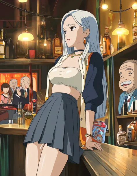 Studio Ghibli inspired, hand-drawn animation style, masterpiece quality, high detail. Young woman with long brown straight hair wearing a stylish outfit with a bandeau top and pleated skirt. Urban Italian nightlife setting, atmospheric evening cityscape. C...