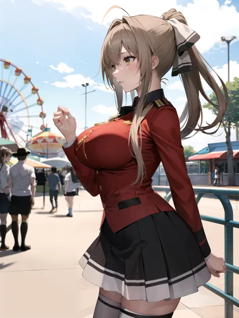 masterpiece, Best Quality, high resolution, aaisuzu, girl, ponytail, hair bow, brown eyes, uniform, red shirt,  aguilette, black skirt, white thigh high socks,  Amusement Park, standing, cowboy shot, look at the person watching, Hands on body side,