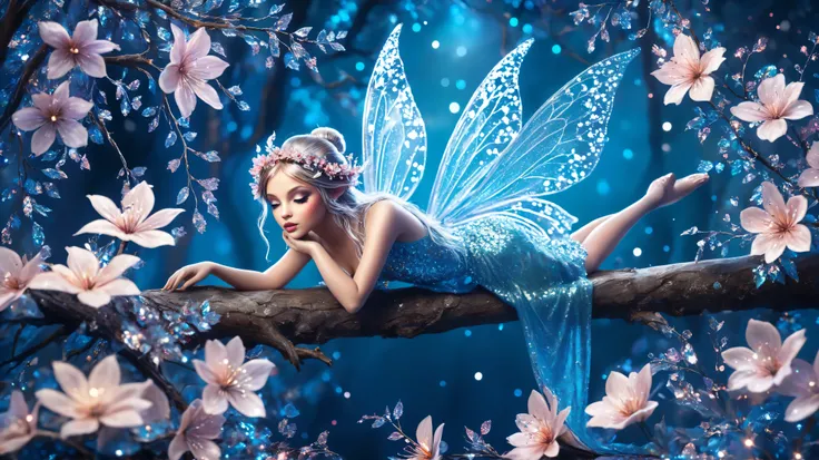 fairy on a branch with flowers  style glitter