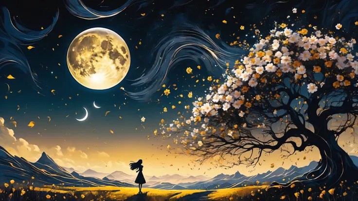 vetor arte, surreal, a field of flowers, in the distance an old tree, mountains, textures, it appears as a shadow, In front of the majestic crescent Moon, The wind causes flower petals to fly, giving a mystical air to the scene, In the foreground, The Shad...