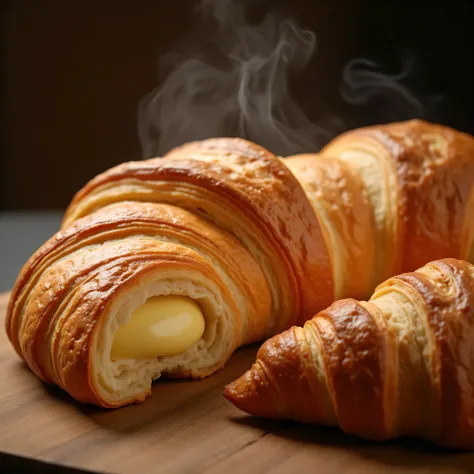 croissant, delicious freshly baked croissant, golden brown, flaky crust, buttery interior, steam rising, close-up, detailed, high quality, photorealistic, 8K, HDR, studio lighting, sharp focus, physically-based rendering, professional, vivid colors
