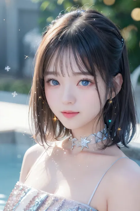 (Upper Body Closeup), Portrait, Portrait, , 8k,masterpiece, Best Quality, 、Round-faced、 slim、flat body 、cute、Age 15、, one girl on her back、、、pure white hair、glowing skin in front of a Japanese hot spring、((( GLITTER SKIN )))、、((super realistic details))、Po...