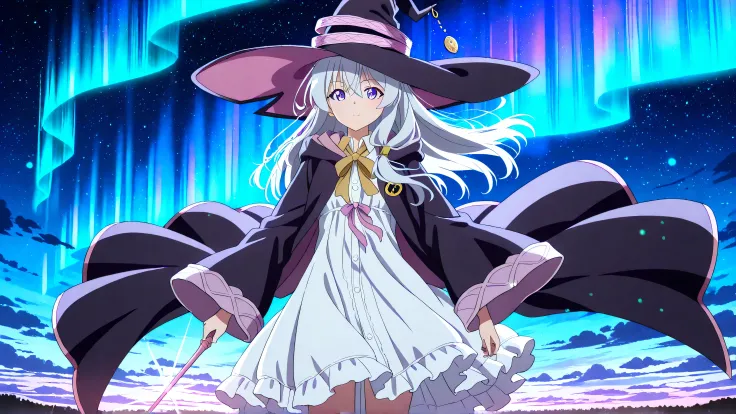 Elaina from Wandering Witch, standing and gazing at a breathtaking night sky filled with vibrant aurora lights, behind view, wearing her iconic witch cloak and white nightgown with thin straps and a pink ribbon, gently flowing in the wind, holding her sign...