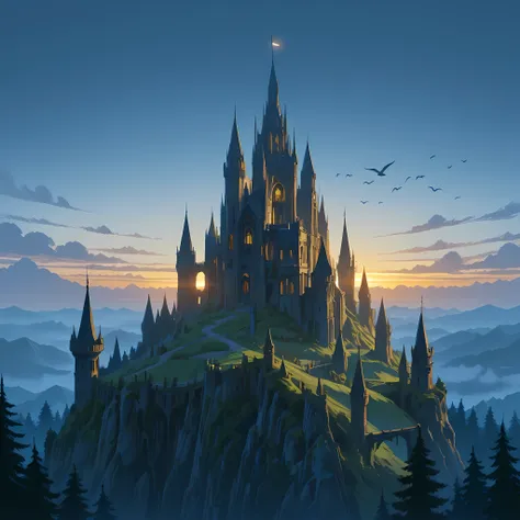 ((large castle with five towers, castle with trapdoors, tall wooden gates, bridge leading to the castle gates, gray colored castle with aged moss on the bottom of its structure, different colored trees surrounding the castle):1.0), ((twilight sky, birds fl...