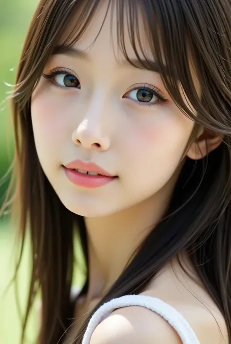 masterpiece , high quality, Super Details, super high image quality, 8k，16k，32K, 最high quality , Detailed Faces, Fine brown eyes，  beautiful god dead face ，18 year old girl，cute face, まっすぐな長い姫カットの黒髪とぱっつんbungs， straight hair ，bungs ，Half Smile   , Outdoors，...