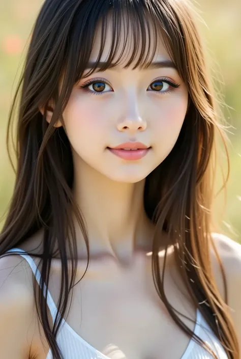 masterpiece , high quality, Super Details, super high image quality, 8k，16k，32K, 最high quality , Detailed Faces, Fine brown eyes，  beautiful god dead face ，18 year old girl，cute face, まっすぐな長い姫カットの黒髪とぱっつんbungs， straight hair ，bungs ，Half Smile   , Outdoors，...
