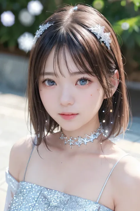 (Upper Body Closeup), Portrait, Portrait, , 8k,masterpiece, Best Quality, 、Round-faced、Big Eyes、 troubled face、 slim、flat body 、cute、Age 15、, one girl on her back、looking at the camera、face to face、pure white hair、glowing skin in front of a Japanese hot sp...