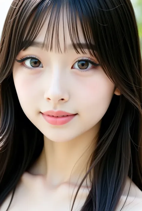 masterpiece , high quality, Super Details, super high image quality, 8k，16k，32K, 最high quality , Detailed Faces, Fine brown eyes，  beautiful god dead face ，18 year old girl，cute face, (straight long princess cut black hair and tight bangs)， Half Smile   , ...