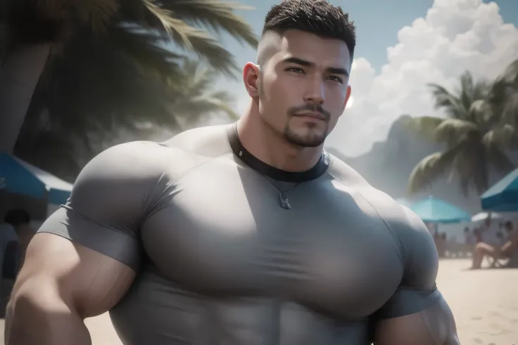 1个 muscular男人在Seaside beach exposed to the hot sun in the open air, VERY STRONG ,perfect side face ,Buzz Cut,Buzz Cut,Seaside beach exposed to the hot sun in the open air, He is wearing a high-class luxury business suit jacket, High-grade and elegant ...
