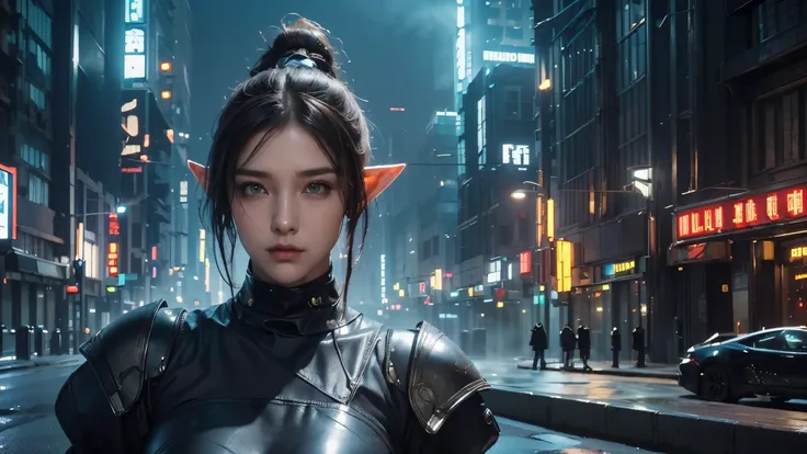 masterpiece,is of the best quality,high resolution, 8,000,(Portrait Photos:1.5),(R Original photo),Real Photos,Digital photography,(Cyberpunk style city streets,Bustling city streets,Neon sign,After the Rain,Mist,steam),(Female elves), 20 year old girl, r...