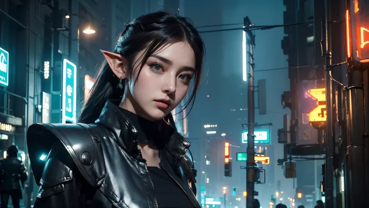 masterpiece,is of the best quality,high resolution, 8,000,(Portrait Photos:1.5),(R Original photo),Real Photos,Digital photography,(Cyberpunk style city streets,Bustling city streets,Neon sign,After the Rain,Mist,steam),(Female elves), 20 year old girl, r...