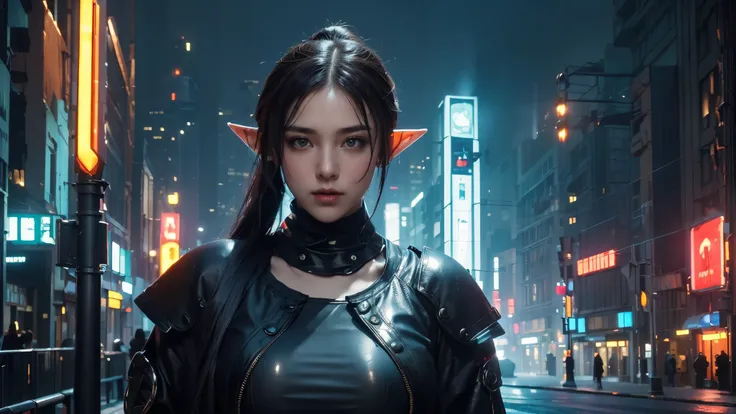  masterpiece,is of the best quality,high resolution, 8,000,(Portrait Photos:1.5),(R Original photo),Real Photos,Digital photography,(Cyberpunk style city streets，Bustling city streets，Neon sign，After the Rain，Mist，steam),(Female elves), 20 year old girl, r...