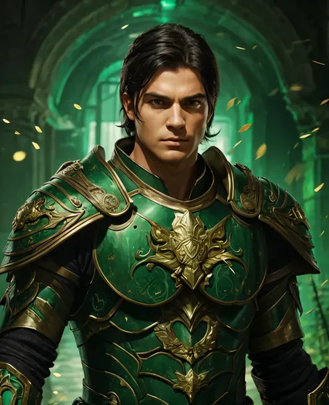 A General, he has brown eyes and black hair. He is wearing full green armour. Realistic with cinematic vibe.