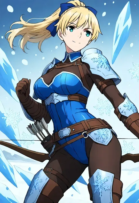 The female archer tightened her bow, with the tip shining with the power of blue ice. Snowflakes danced around her, and the archer's gaze was focused. The leather armor on her body had exquisite patterns, creating a combat atmosphere through special lighti...