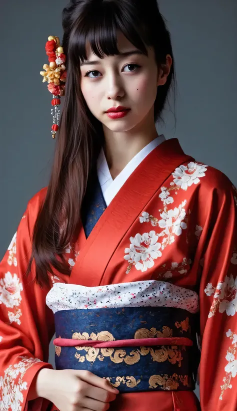Utamaro's Ukiyo-e 、Beautiful Ukiyo-e composition、HD、4K、8k、16k、Woman uper high resolution、detailed description、A kimono with a bright white floral pattern that looks like art、A work like the culmination of Ukiyo-e、 color difference、bewitching beautiful woma...
