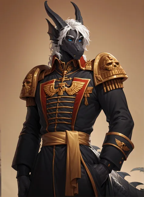 Solo, male Anthro dragon, black scalies, black body, black skin, scalies, long white hair, blue eyes, athletic body, twink, Commissar uniform, warhammer40kcommissar,