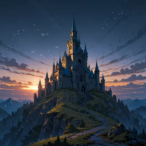 ((castle with five towers, bridge connected to the castle entrance, gray colored castle, aged moss on castle walls, castle in the middle of the forest):1.0), ((twilight sky, birds flying in the sky)) | ((best image quality, best shading, best color balance...