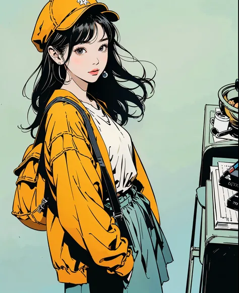 (1 girl), scene where a beautiful dark gray-eyed Japanese young highschool girl .gold color highlight hair,ash color hair,straight long hairstyle、 Flat Color, wears a newsboy cap, wears pearl earrings, ball pen sketch,wears a flat cap
BRAKE
Cross your han...