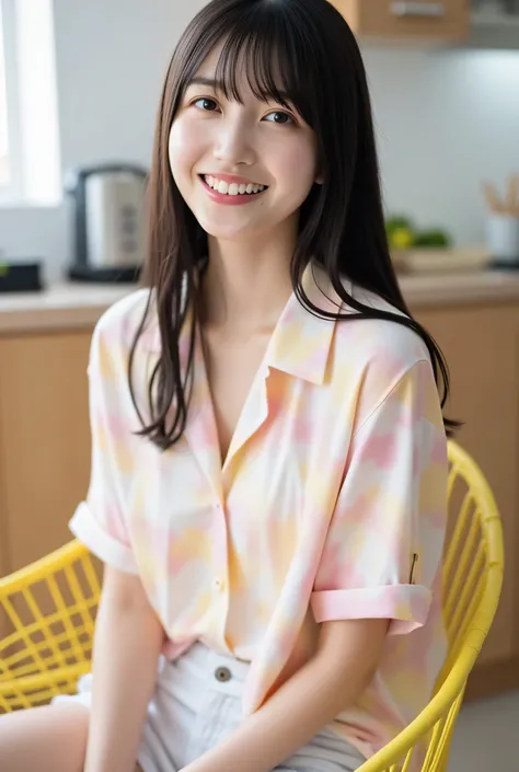 Photo of a smiling young woman, Shiori, with snowy skin, long dark hair , wearing a loose, ((tie-dyed pale pink and yellow shirt)),((micro-distressed shorts)):1.5, with blurred background , sitting in a yellow wire chair in a softly lit modern kitchen .