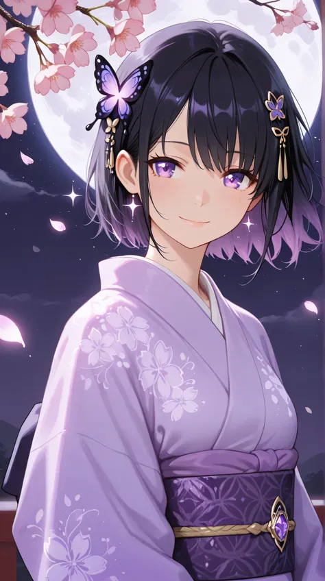 Masterpiece, Best Quality, Top Quality, Very Detailed, 1 girl, A mesmerizing anime-style illustration of a beautiful young woman with short black hair fading into vibrant purple, adorned with a delicate butterfly hairpin. She wears an elegant purple kimono...