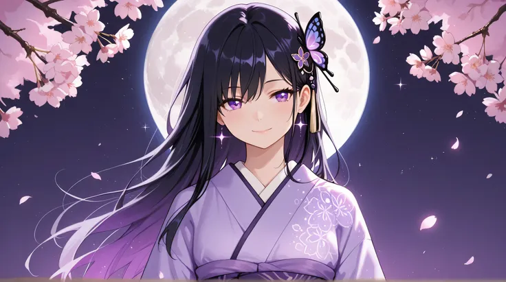 Masterpiece, Best Quality, Top Quality, Very Detailed, 1 girl, A mesmerizing anime-style illustration of a beautiful young woman with short black hair fading into vibrant purple, adorned with a delicate butterfly hairpin. She wears an elegant purple kimono...