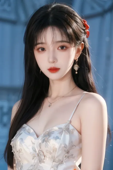 ( masterpiece, highest quality:1.2), 8,000, 85 mm, original photo, confuse, hair, white dress, Delicate girl,Shiny Skin, , watching the audience, HDR, clear focus, Twilight Sky , Shiny Skin, small eyes and face , brightly colored background, earrings、 n...