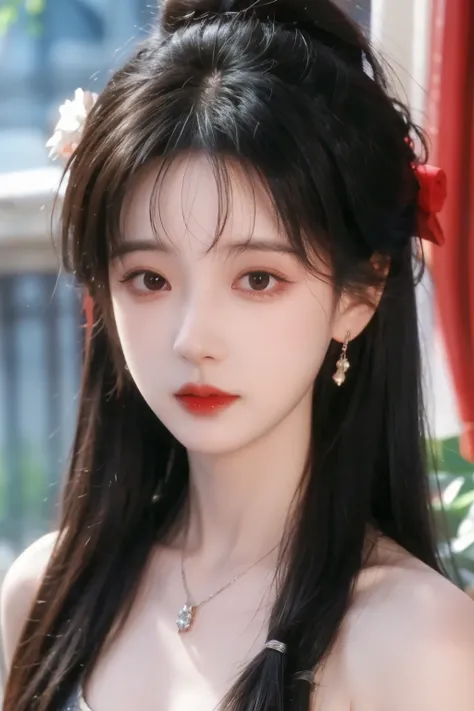 ( masterpiece, highest quality:1.2), 8,000, 85 mm, original photo, confuse, hair, red dress, Delicate girl,Shiny Skin, , watching the audience, HDR, clear focus, Twilight Sky , Shiny Skin, small eyes and face , brightly colored background, earrings、 nec...