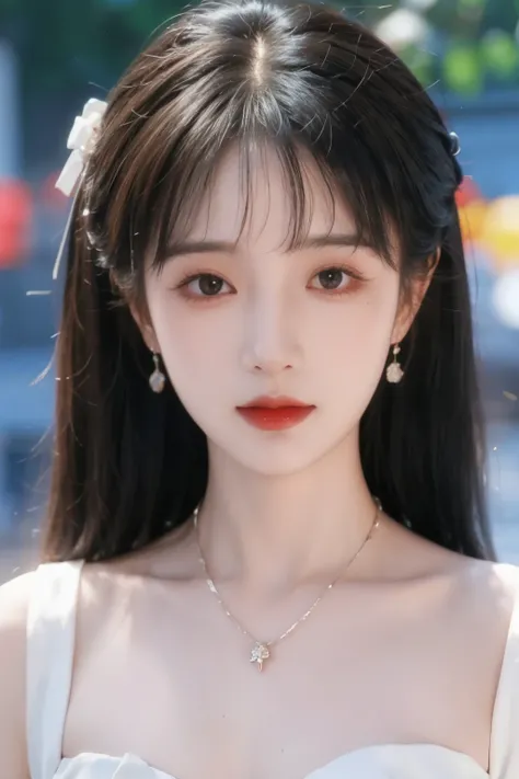 ( masterpiece, highest quality:1.2), 8,000, 85 mm, original photo, confuse, hair, white dress, Delicate girl,Shiny Skin, , watching the audience, HDR, clear focus, Twilight Sky , Shiny Skin, small eyes and face , brightly colored background, earrings、 n...