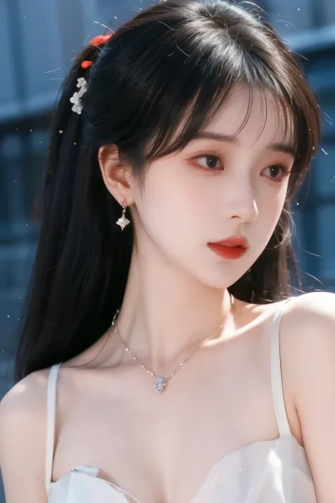 ( masterpiece, highest quality:1.2), 8,000, 85 mm, original photo, confuse, hair, white dress, Delicate girl,Shiny Skin, , watching the audience, HDR, clear focus, Twilight Sky , Shiny Skin, small eyes and face , brightly colored background, earrings、 n...