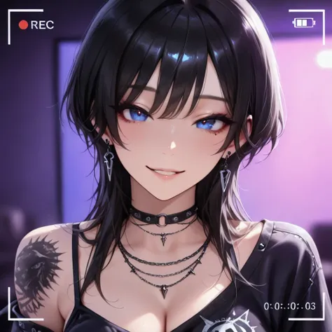  portrait of a 21-year-old woman , (Big Breasts:0.6), masterpiece, best quality to deliver, great quality, is very beautiful, high resolution, newest, Super Detail, realism, (intermediate shot), 1 girl, kind smile, tattoo, (( punk style fashion))) ,( Blous...