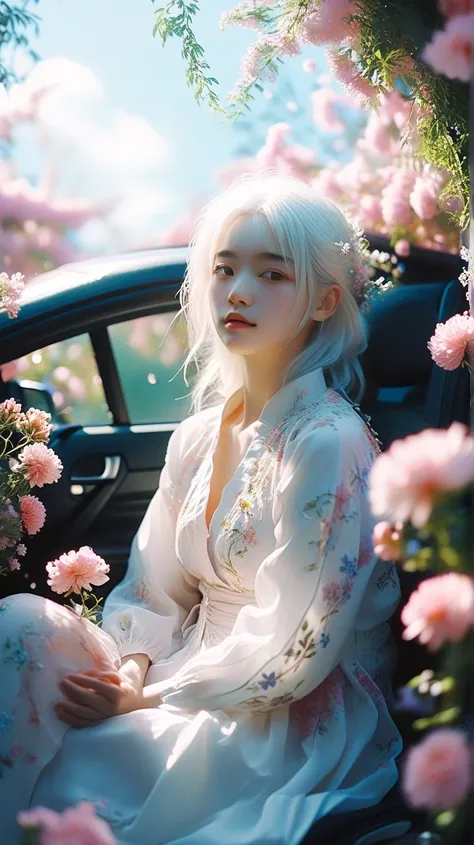 breathtaking ethereal fantasy concept art of cinematic film still,Chinese girl, a girl with white hair sitting in a car full of flowers,Work by Rinko Kawauchi , In a naturalistic pose , Vacation Father Nucleus ,Young and energetic, very cool expression , B...