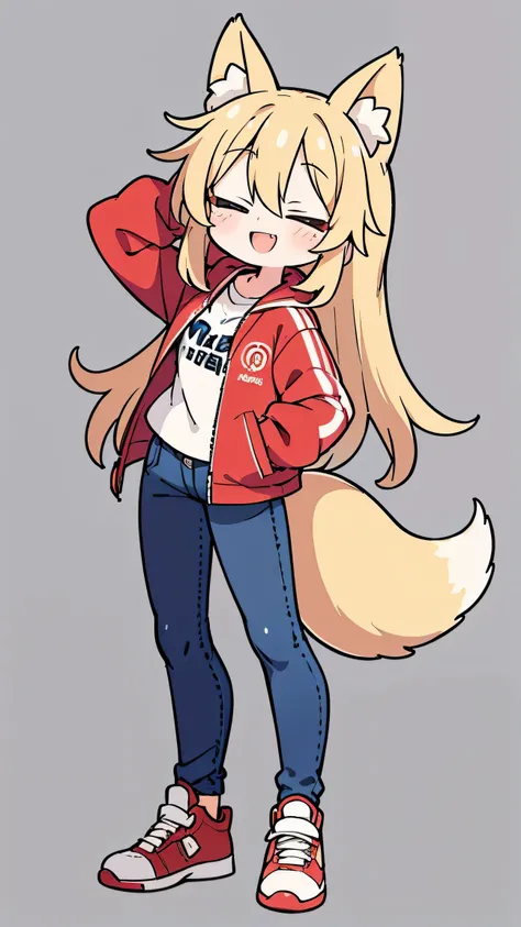 ANIME STYLE、 cute face、 female、 fox ears、Gold Hair、tail、、close both eyes、 long hair、 red jacket 、jeans、sneakers with a ladyback letter、simple background、double teeth、smile