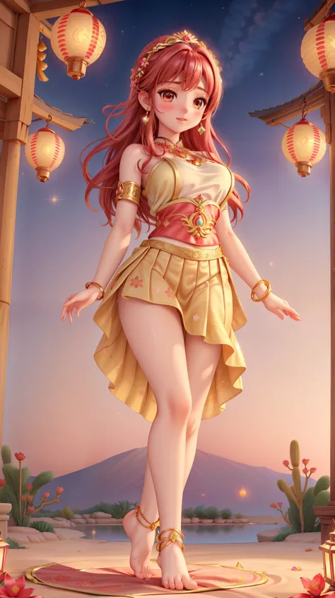 Ultra-realistic, hyper-detailed, 8K, photorealistic, vivid, masterpiece, shiny skin, firm skin, cute, slender body, very big hips, Nilou from Genshin Impact by HoYoverse, long flowing red hair, elegant dancer, traditional Sumeru costume with red and gold a...
