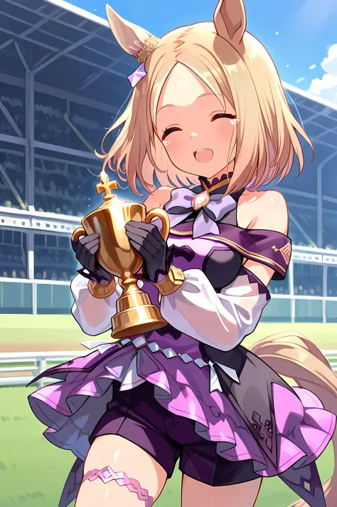 narita top road \(umamusume\),horse tail, short hair, animal ears, ear ornament, ear covers, single ear cover,purple dress, off-shoulder dress, purple bow, long sleeves, see-through sleeves, black gloves, purple shorts, thigh strap, bare shoulders,(((maste...