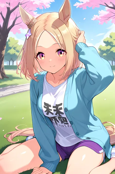 narita top road \(umamusume\),horse tail, short hair, animal ears, ear ornament, ear covers, single ear cover,(((masterpiece))),(((detailed)))((best quality)),((hyper detailed)),(beautiful),((shinythighs)),(((shiny skin))),(high quality skin),((8k)),((high...