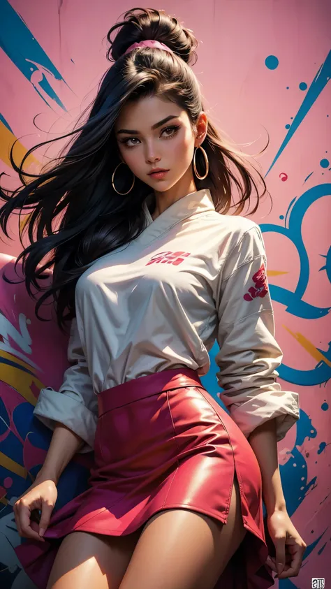 fundo, mixed language_SMS, Japanese graffiti letters , (beautiful and clear background :1.2), fantastic paintings, graffiti style, highly detailed eyes, a pink oversized loose fitting designer top, work of art, best quality, high quality, high resolution, ...