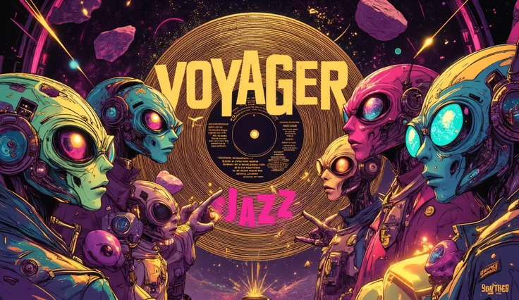 "Create a retro-futuristic illustration featuring seven stylized aliens with big, expressive eyes, floating in space around a massive #FFD700 golden vinyl disc—the 'Golden Echo Transmissions'—emitting neon soundwaves (gold, pink, cyan) with crackling golde...