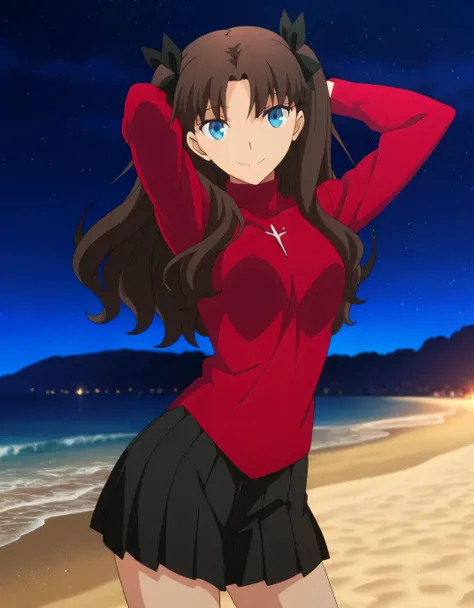 RinSweater, anime screencap, masterpiece, best quality,
brown hair, two side up, parted bangs, blue eyes, hair ribbon, black ribbon,
turtleneck sweater, red sweater, black skirt, long sleeves, pleated skirt,
high quality, solo, cowboy shot, (contrapposto),...
