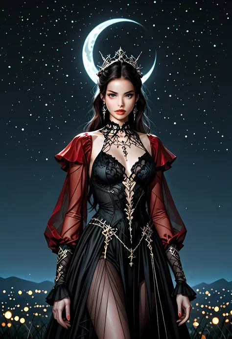 a picture of woman wearing transluminescent dress, black silk dress, intricate dress, transparent dress, red sleeves, fantasy art, night time, the moon rises, creating  a silhouette, fantasy, Cinematic shot, LOAsuccXL, ace up stilettos