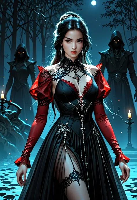 a picture of woman wearing transluminescent dress, black silk dress, intricate dress, transparent dress, red sleeves, fantasy art, night time, the moon rises, creating  a silhouette, fantasy, Cinematic shot, LOAsuccXL, ace up stilettos