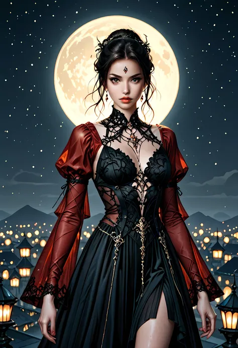 a picture of woman wearing transluminescent dress, black silk dress, intricate dress, transparent dress, red sleeves, fantasy art, night time, the moon rises, creating  a silhouette, fantasy, Cinematic shot, LOAsuccXL, ace up stilettos