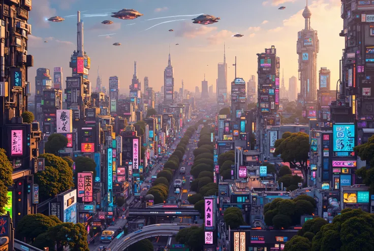 Bird's eye view of a neon-lit cyberpunk city on another planet during the morning. The city features a unique blend of Edo-period Tokyo architecture, including traditional Japanese castles and manors, with brutalist futuristic buildings. The streets are ba...