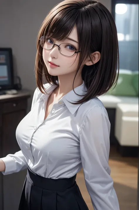 1girl, medium shot angle, wallpaper of extremely detailed CG unit, Digital painting, ((kawaii anime)), straight bob hair, large breasts, radiant skin glow, natural face lighting, wearing a business suit, dress shirt, skirt, black lime glasses, ((button gap...