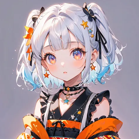 BEST DETAILS、 1 girl，，Blink，（Milky White and Blue Gradation Hair Color）、 dark blue and orange color palette、（  the hair color is milky white and the tips of the fur are blue）、 The Cutest Girl in the World  ，（orange neon color star choker、Ruffles on the col...