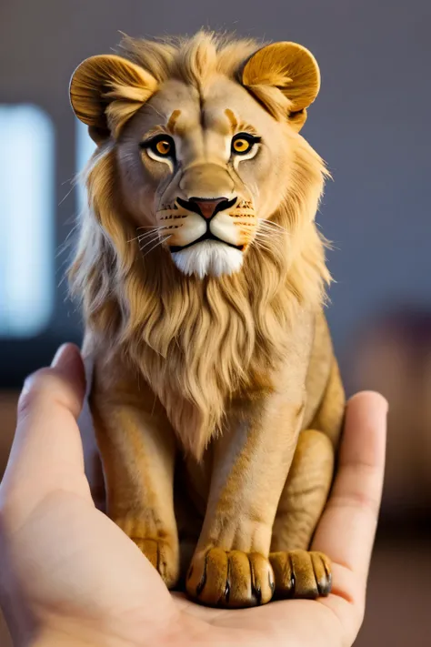 A palm-sized lion on top of a hand