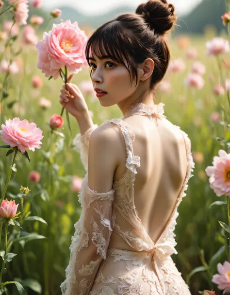(((Spring Vast Prairie:2.0))),colorful light particles dance,(((Fantasy Atmosphere:2.0))),(((A fan that looks like a bouquet of flowers:2.0))),(((light yellow-green eyeshadow:2.0))),side view from the back,Side pose,((Looking back and looking at the camera...